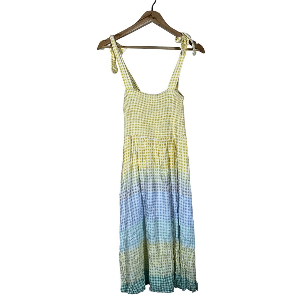 LC Lauren Conrad Smocked Rainbow Gingham Tie Shoulder Midi Dress Yellow Size XS